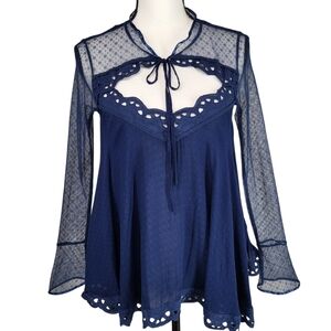 Free People " Black Magic " Cutout Deep Blue Blouse Lace Peasant Babydoll Top S